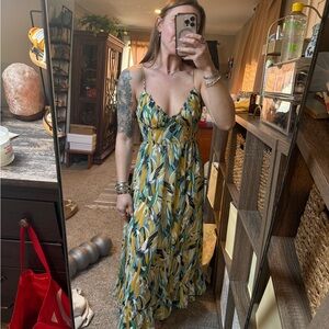 Floral Yellow and Green Spaghetti-Strap Maxi Dress
